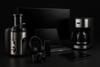 Generate a image with black background and ad electronics products like juicer lcd and other electronics items